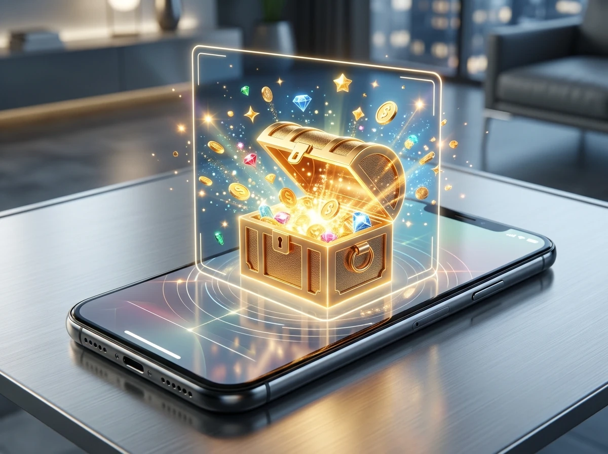 Golden chest on smartphone